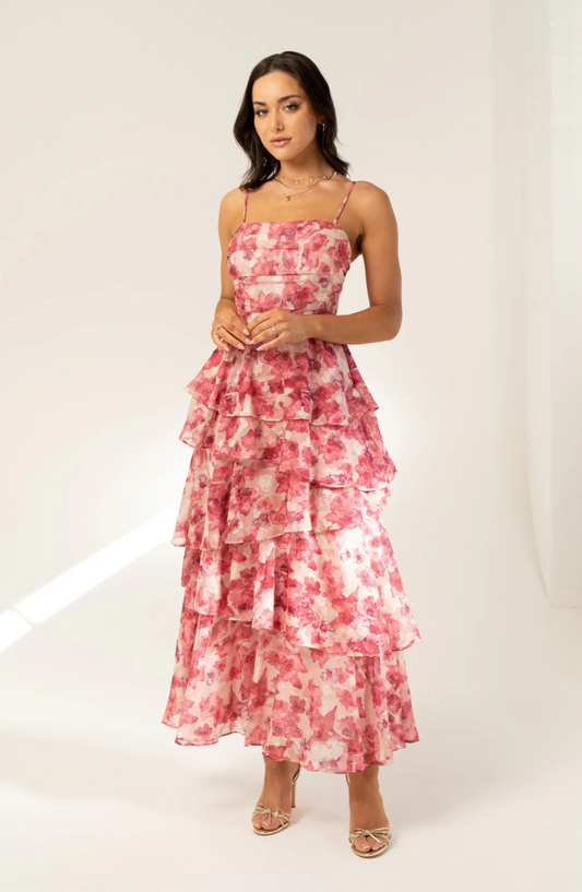 Maribelle | Pink Floral Tiered Midi Dress