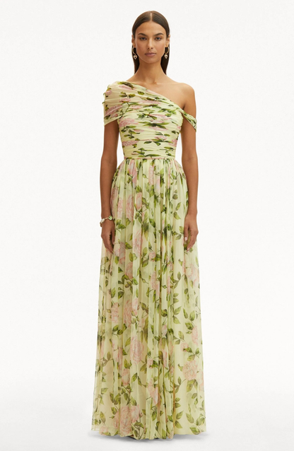 Solenne | Floral Skew Collar Chiffon Maxi Dress