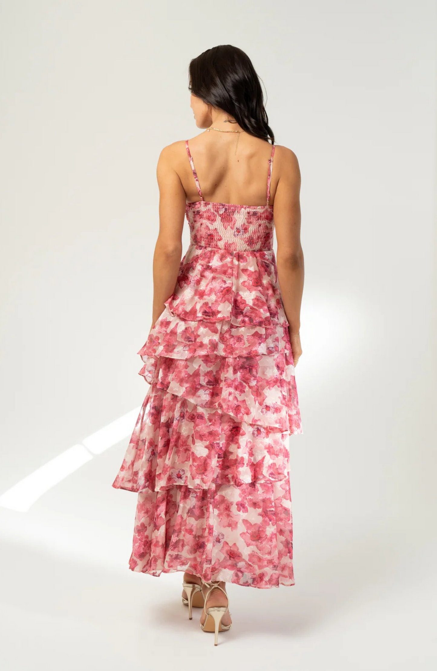 Maribelle | Pink Floral Tiered Midi Dress