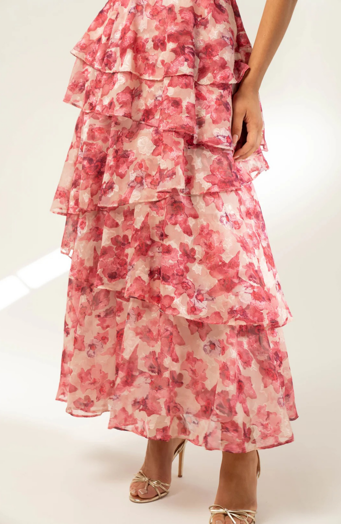 Maribelle | Pink Floral Tiered Midi Dress